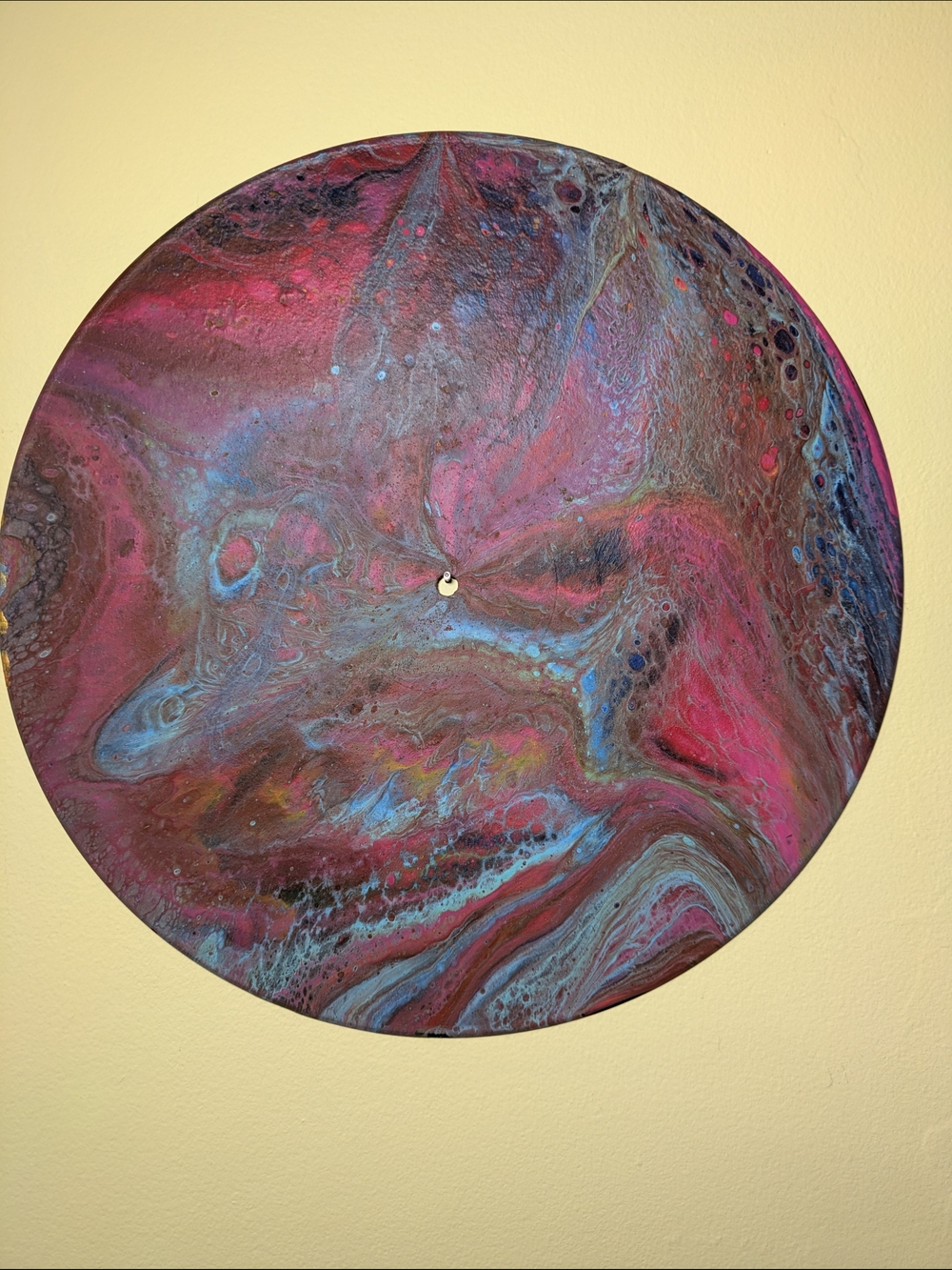 Abstract Circular Wall Art - Pink, Blue Swirl, Upcycled Vinyl Record